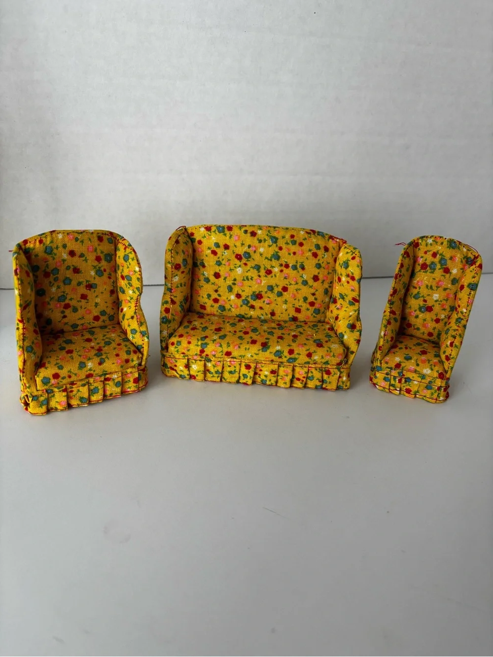 Vintage HandmadeDollhouse Furniture Set Yellow Floral Sofa and Chairs